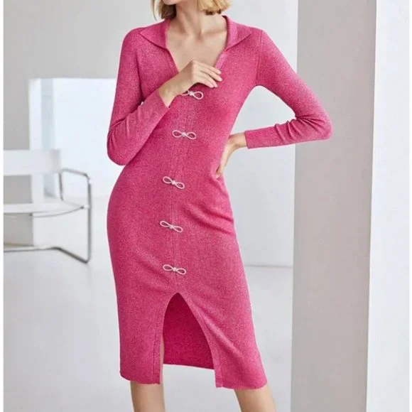 pink sparkle knit bow button detail split hem dress - Picture 8 of 10